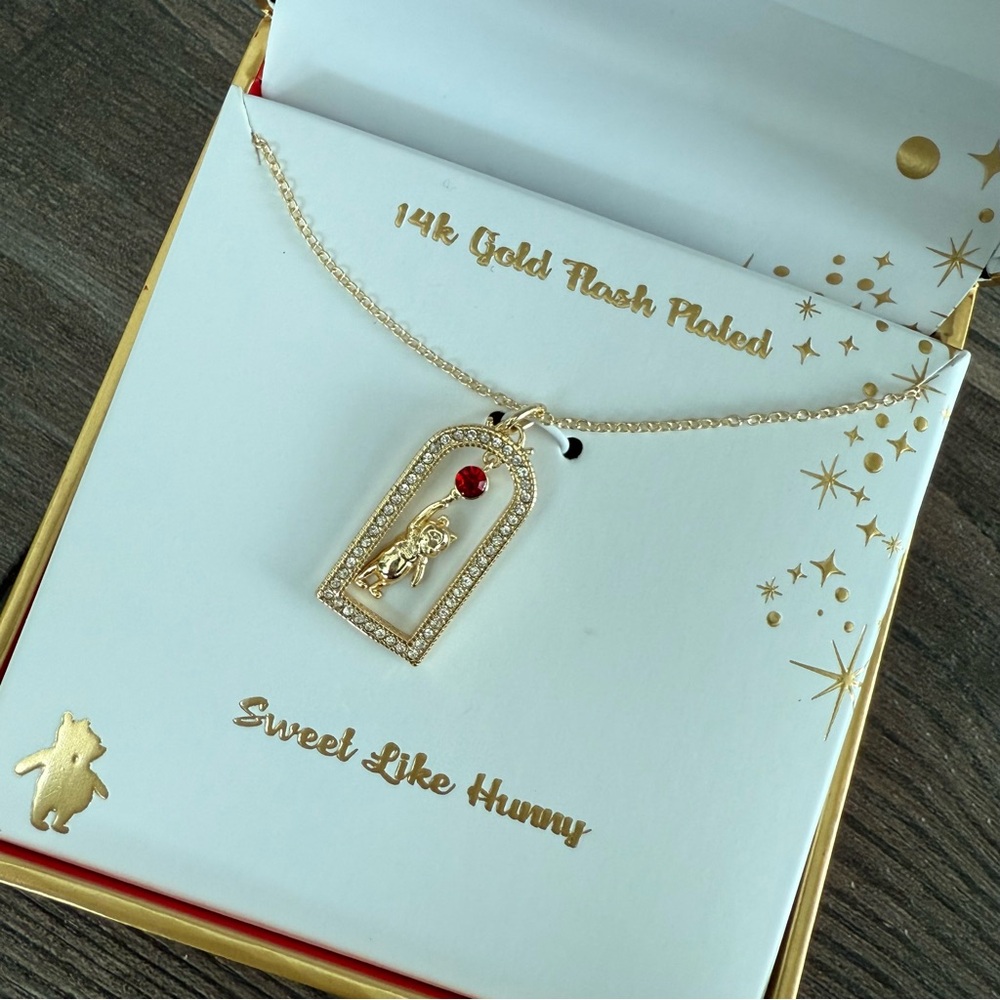 Disney Winnie the Pooh 14k Gold Plated Necklace with Red and Clear Gems